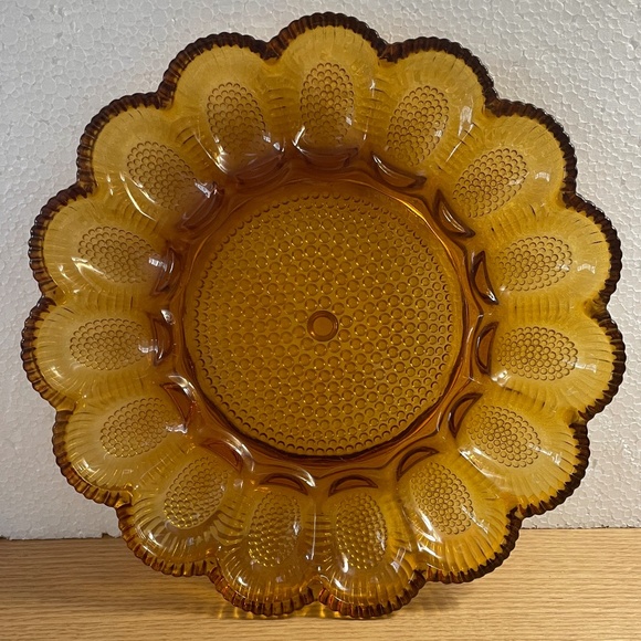 Vintage Indiana Glass Amber Deviled Egg Dish 12" Hobnail Holds 15 Eggs Gorgeous!